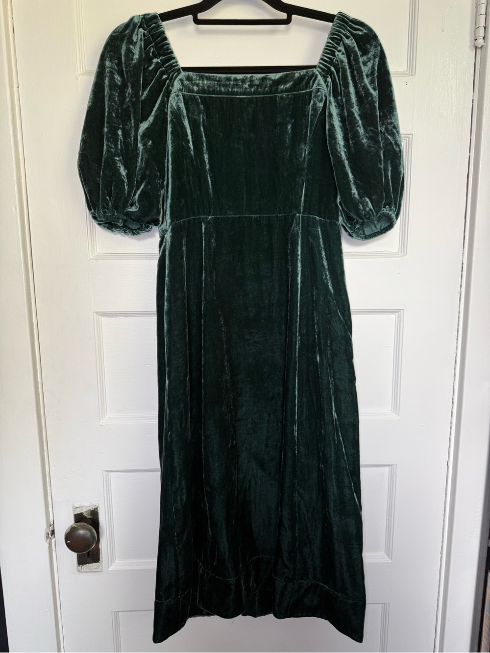 J.Crew Emerald Velvet Puff Sleeve Square-Neck Button Front Midi Dress Whimsigoth - Picture 12 of 14